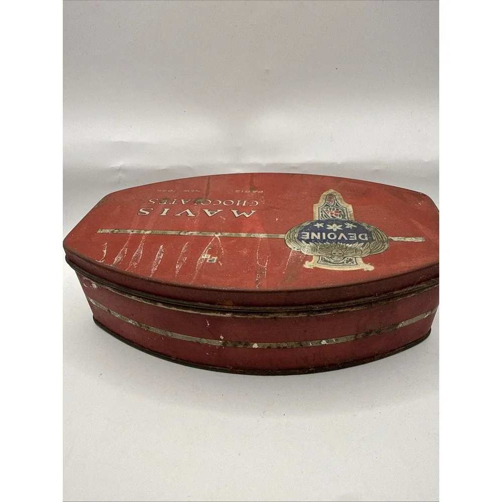 Antique Devoine Mavis Chocolates Tin Paris New York Oval Red Advertising Box